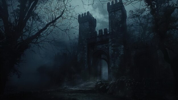 Spooky castle entrance dark woods howling wind ominous shadows 8K resolution wide shot chilling presence