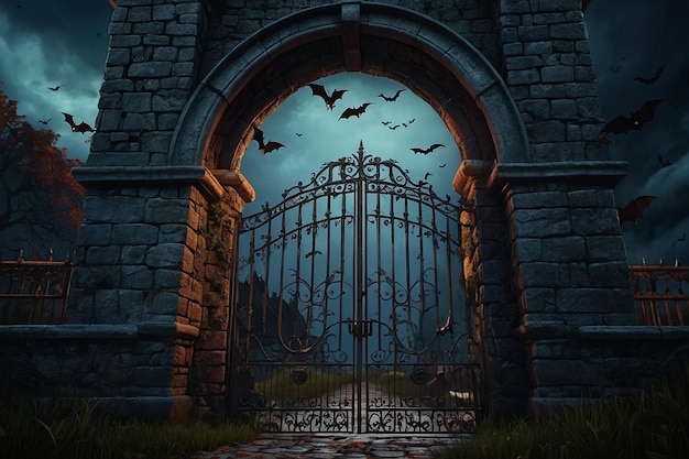 Photo spooky castle entrance with a wroughtiron gate and bat