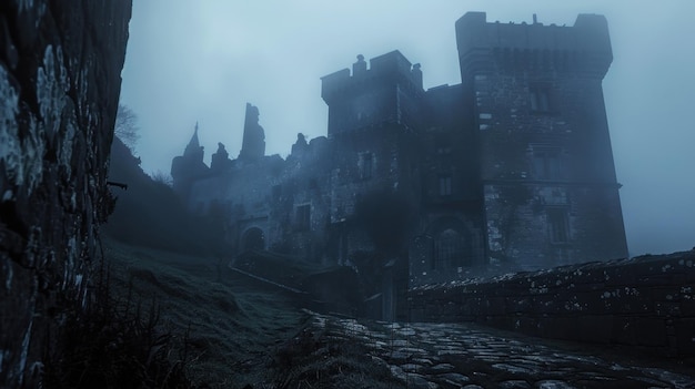 Spooky castle with gargoyles heavy fog haunting shadows cold ambiance 8K resolution wide shot creepy surroundings