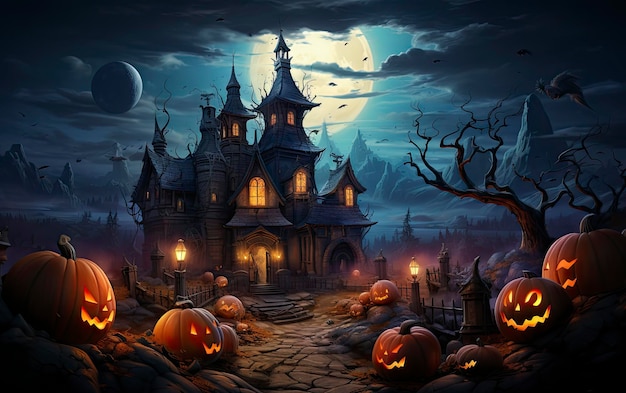 a spooky castle with pumpkins on the roof and a full moon behind it.