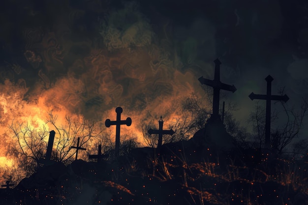 Spooky cemetery at night with fiery background