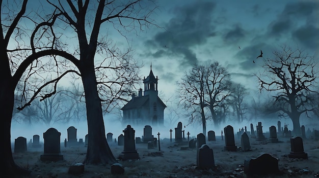 a spooky cemetery with a full moon in the background