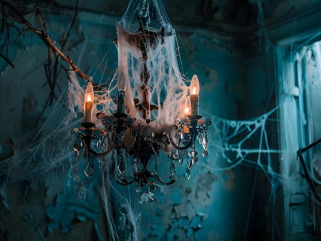 Photo spooky chandelier with cobwebs haunted house interior photo