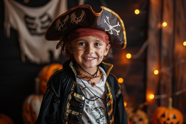 Photo spooky child in a pirate costume with halloween props against a black background great for energetic halloween portraits