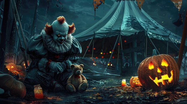 Spooky Circus Scene with Haunted Clown and Sinister Teddy Bear