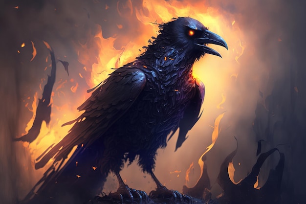 Spooky crow illustrations in fired black smoky background