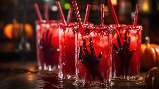 Photo a spooky display of red drinks with eerie hand decorations perfect for halloween