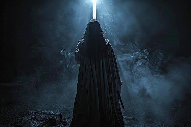 Photo spooky figure with sword in darkness