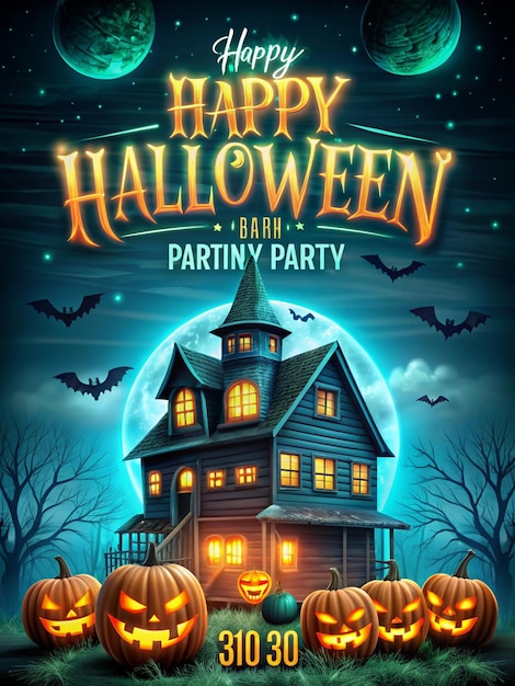 Photo a spooky flyer with a dark background haunted house and glowing jackolanterns and text happy halloween party in a chilling neon font