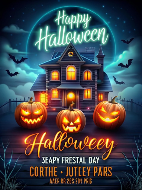 Photo a spooky flyer with a dark background haunted house and glowing jackolanterns and text happy halloween party in a chilling neon font