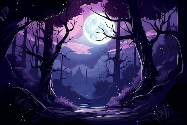 Spooky forest background with full moon