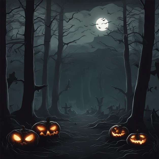 Spooky forest of halloween at night with full moon ai generated