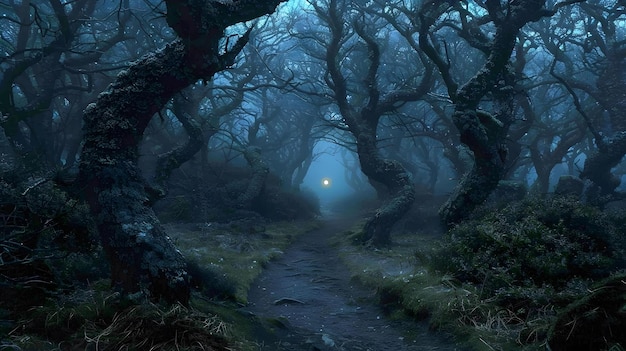 A spooky forest path with twisted trees and a full moon shining through