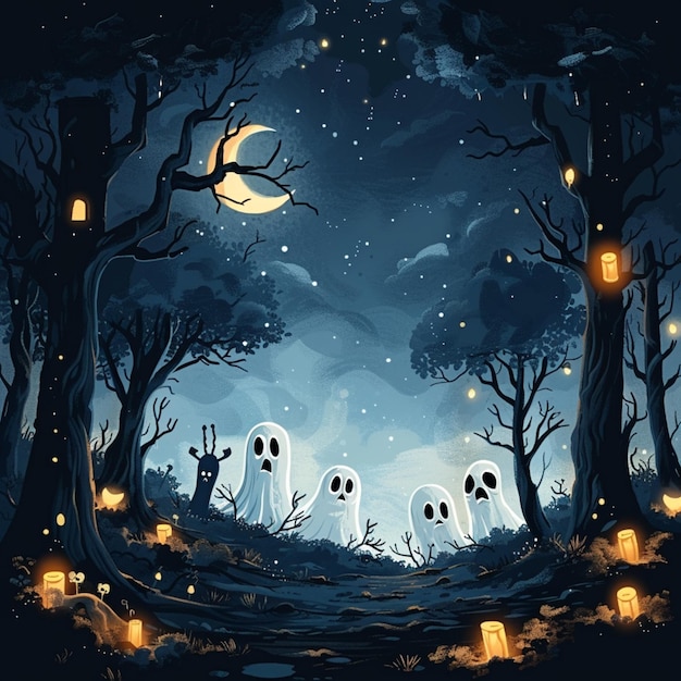 a spooky forest with ghost ghost ghosts on the night sky