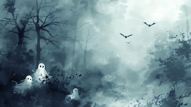 Photo spooky forest with ghosts and bats halloween background