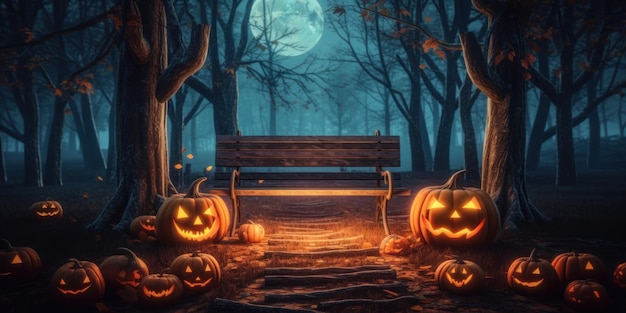 A spooky forest with a haunted evil glowing eyes pumpki of a wooden bench on a scary halloween night