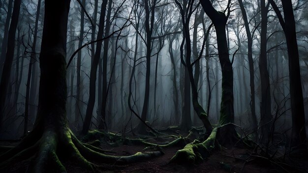 Photo a spooky forest with twisted trees and glowing eyes in the shadows