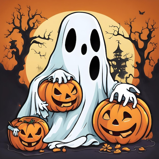 A spooky ghost draped in a white sheet is surrounded by three pumpkins