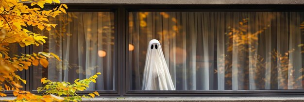 Spooky Ghost Gazing Through Window Eerie scene of a ghost in a white sheet peering out of a l