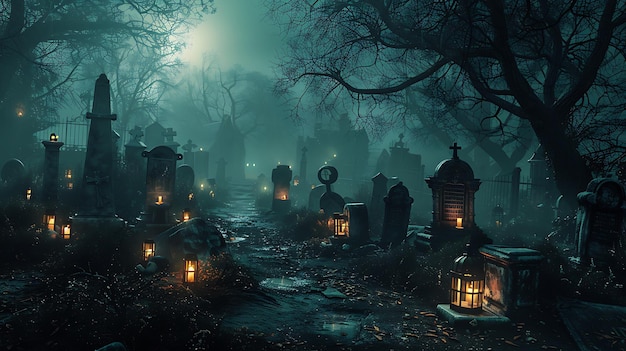 a spooky graveyard in the dark