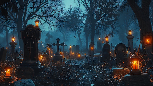 a spooky graveyard in the dark