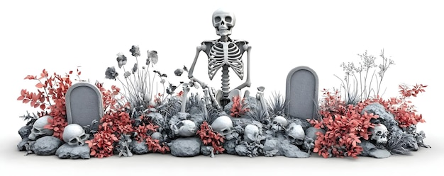 Photo spooky graveyard scene with skeleton and autumn foliage