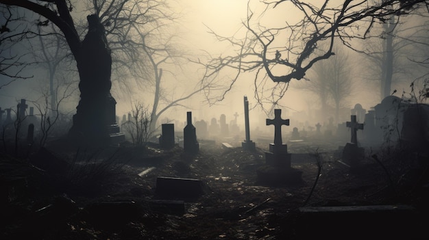 Spooky Graveyard in Winter Forest Mysterious Cemetery Landscape with Grunge Edit and Deathly Tombs