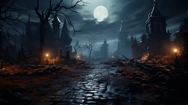 A spooky graveyard with a full moon