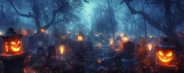 Spooky graveyard with glowing lanterns and eerie Halloween mist