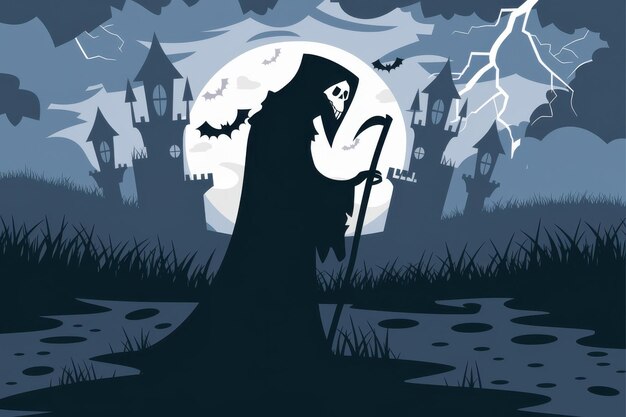 Spooky Grim Reaper Illustration Castle Background Halloween Halloween Themed Graphic Design