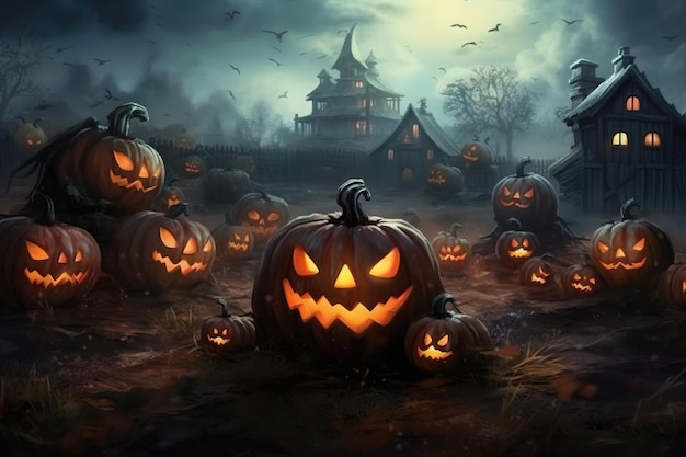 Spooky Halloween background featuring pumpkins Get into the festive spirit with this captivating and eerie scene Generative AI