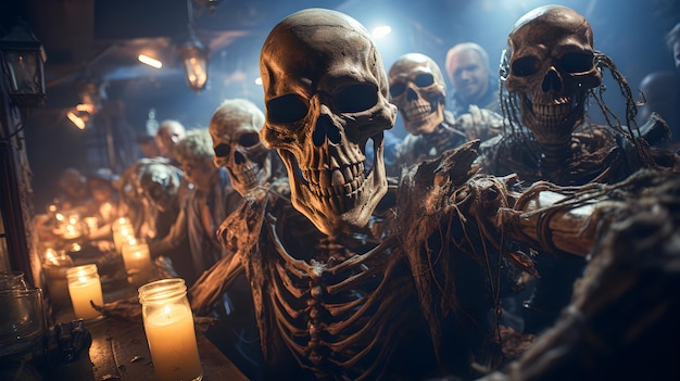 Spooky halloween background Group of skeletons taking a selfie celebrating Halloween night Generative ai