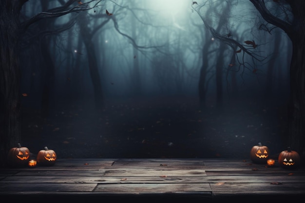 Spooky halloween background with empty wooden planks and pumpkins dark background AI generated