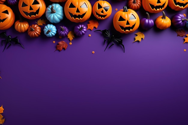 Spooky Halloween banner with Halloween objects and copy space on dark purple background