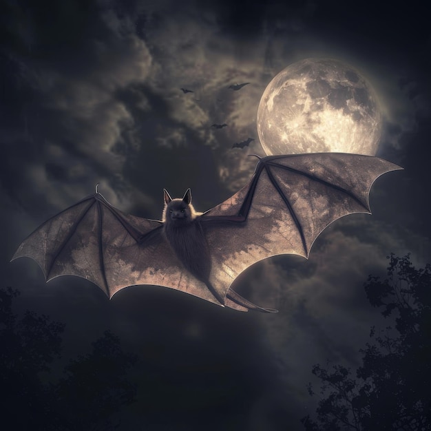 Spooky Halloween Bat Flying Against Full Moon