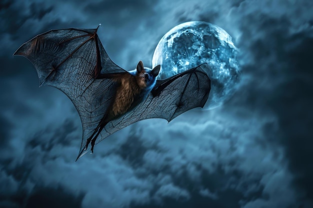 Spooky Halloween Bat Flying Against Full Moon