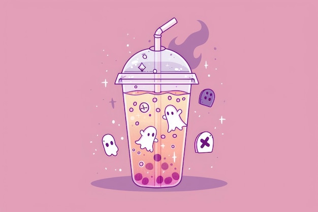 Photo spooky halloween bubble tea with ghosts and purple elements for festive design ai