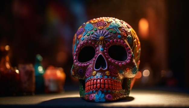 Spooky Halloween celebration with ornate decorations and illuminated skulls generated by AI