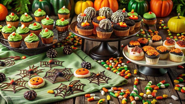 Photo spooky halloween cupcakes and cookies on a table with pumpkins candy corn and green tablecloth