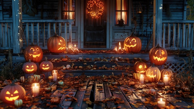 Spooky Halloween Decorated Porch with Glowing JackO39Lanterns and Candles