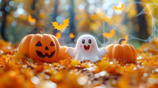 Spooky Halloween Decorations Featuring Ghost Pumpkins Bats and Spider Webs in Autumn Colors Generative AI