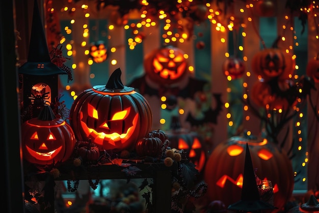 Spooky Halloween decorations and glowing jacklanterns