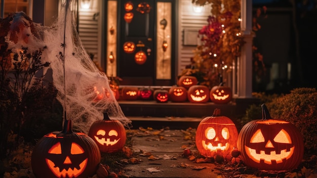 Spooky Halloween decorations with carved pumpkins glowing on a porch at night