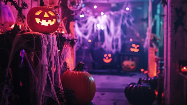 Spooky Halloween decorations with glowing pumpkins and cobwebs in a dimly lit setting