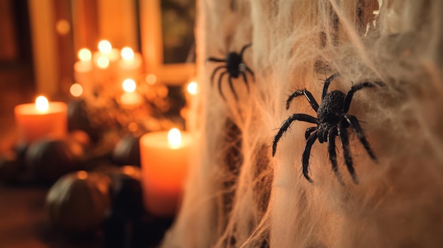 Spooky Halloween decorations with spiders and candles create haunting atmosphere at night