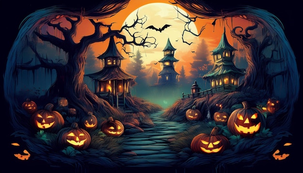 Spooky Halloween designs ghosts pumpkins witches and creepy scenes for festive scary decorations