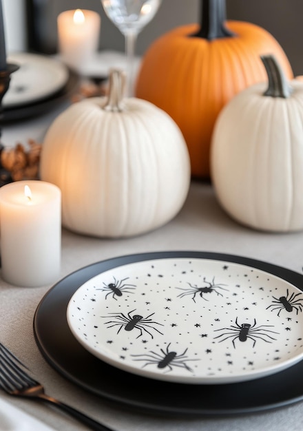 Photo spooky halloween dining setup with spiderthemed plate and decorative pumpkins