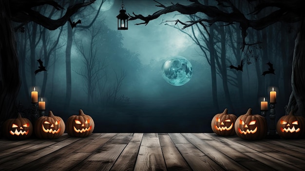 Spooky Halloween forest with dead trees and pumpkins on a wood table