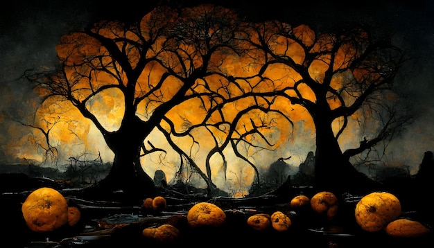 Spooky halloween forest with scary black trees and pumpkins on the ground neural network generated art