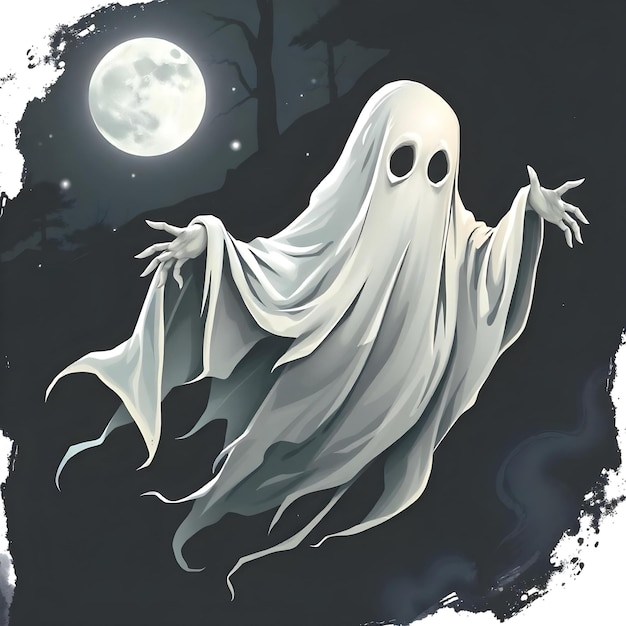 Spooky Halloween Ghost Floating with Mystical Creatures